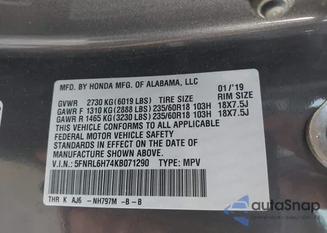 2019 Honda Odyssey Ex-L z USA, uszkodzony, nr VIN 5FNRL6H74KB071290